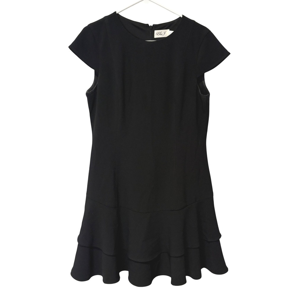 Eliza J Black Cap Sleeve Ruffle‎ Hem Sheath Dress Womens Size 12P LBD